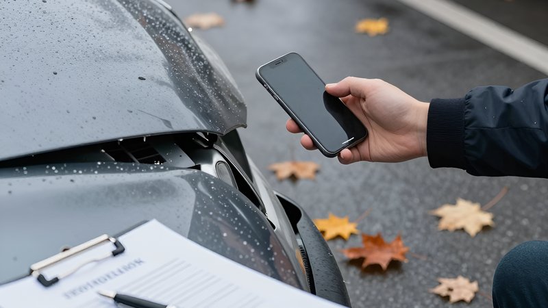 Водитель фиксирует повреждения автомобиля на смартфон, изучая правовые аспекты фиксации ущерба осенью